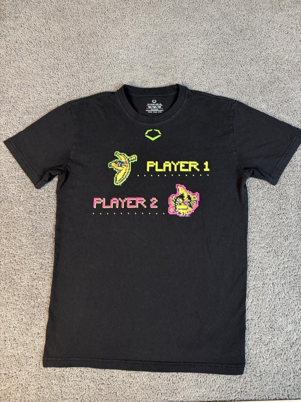 EvoShield Shirt Mens M Black Player 1 Player 2 Pixel 8-Bit Graphic Crew Neck